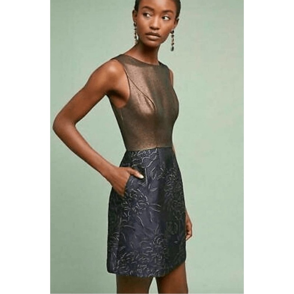 Anthropologie Hutch‎ Lina Metallic Floral Fit Flare Dress Bronze Navy Size 10 - Picture 2 of 9